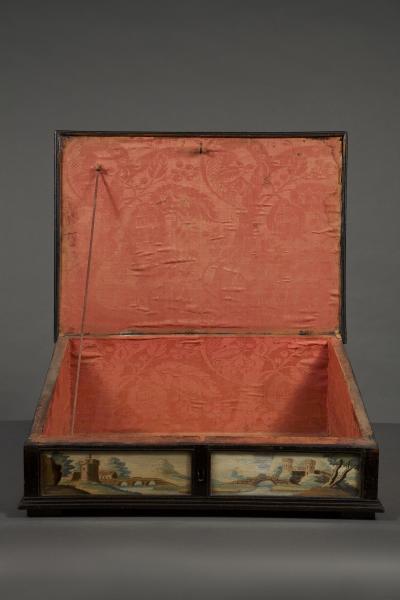 A Fine and Rare Slope Front Silkwork and Watercolor Decorated Writing Box