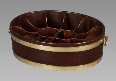 A Fine and Unique Oval and Brass Bound George III Mahogany Bottle Carrier