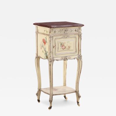 A French Louis XV style Paint Decorated Marble Top Nightstand C 1890 