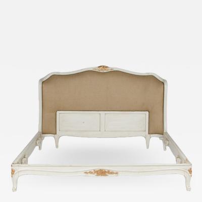 A French Louis XV style Queen size painted and carved burlap bed circa 1940 