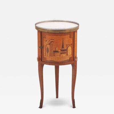 A French Louis XV style mixed woods marble top work table nightstand C 1940 