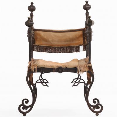 A French Savonarola Style Iron and Bronze Chair C 1900 