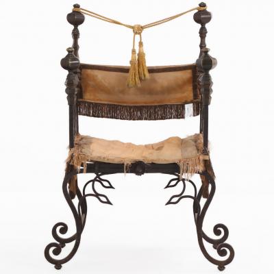 A French Savonarola Style Iron and Bronze Chair C 1900 