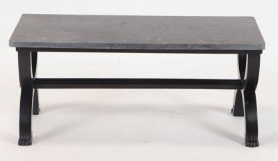 A French ebonized Empire style marble top coffee table with bronze mounts 