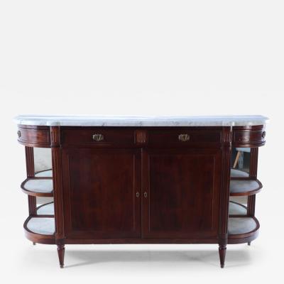 A French mahogany sideboard circa 1920 having a white marble top with open sides
