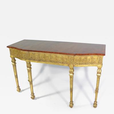 A GEORGE III STYLE FLAMED SATINWOOD AND GILTWOOD CONSOLE TABLE