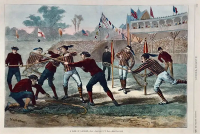 A Game of Lacrosse A Hand colored 19th Century Woodcut Engraving by Hall