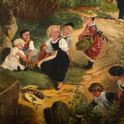 A German School oil painting of a countryside strawberry harvest 19th century 
