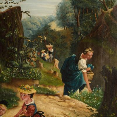 A German School oil painting of a countryside strawberry harvest 19th century 