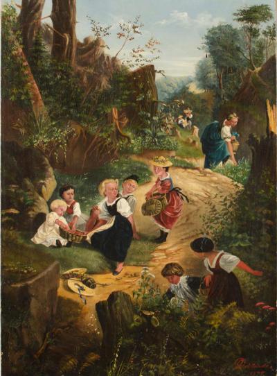 A German School oil painting of a countryside strawberry harvest 19th century 