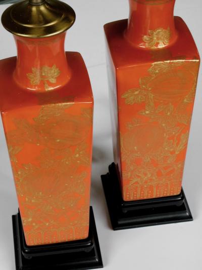 A Good Pair of Chinese 1960s Red Orange Glazed Lamps w Gilt Decoration