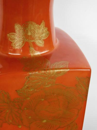 A Good Pair of Chinese 1960s Red Orange Glazed Lamps w Gilt Decoration