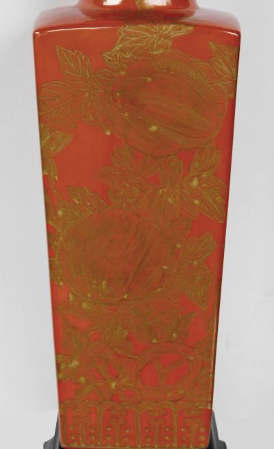 A Good Pair of Chinese 1960s Red Orange Glazed Lamps w Gilt Decoration