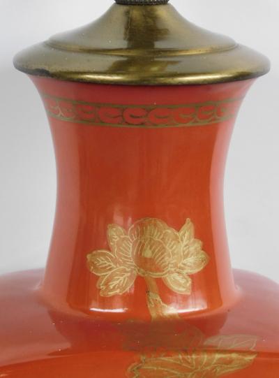 A Good Pair of Chinese 1960s Red Orange Glazed Lamps w Gilt Decoration