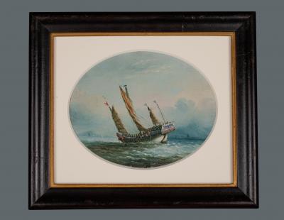 A Good Set of Four Oil on Linen Paintings of Chinese Junks by NC