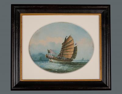 A Good Set of Four Oil on Linen Paintings of Chinese Junks by NC