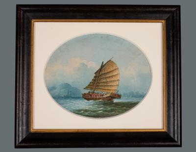 A Good Set of Four Oil on Linen Paintings of Chinese Junks by NC