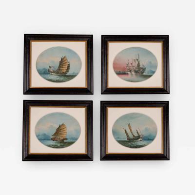 A Good Set of Four Oil on Linen Paintings of Chinese Junks by NC