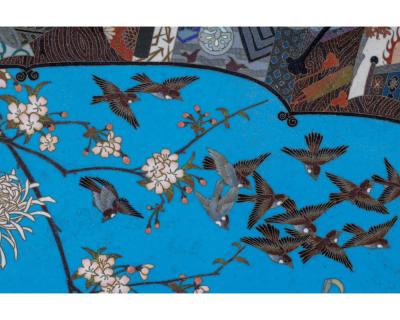A Grand Meiji Cloisonn Enamel Tray Featuring Cherry Blossoms and Birds