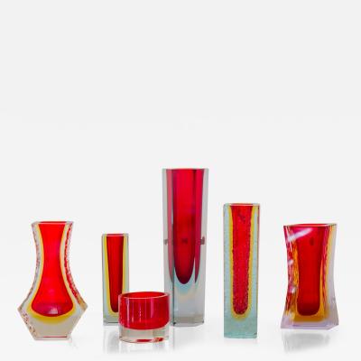 A Group of Six Red Murano Glass Vases