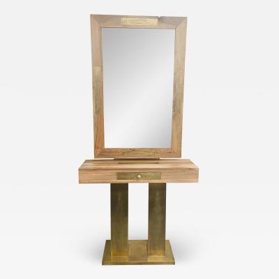 A Hollywood Regency Style Brass and Walnut Mirror and Console Table Set