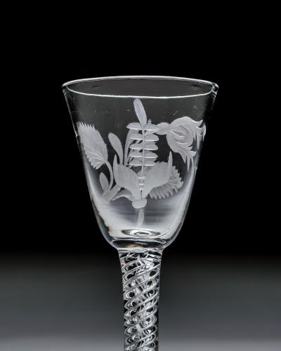 A JACOBITE ENGRAVED AIR TWIST WINE GLASS