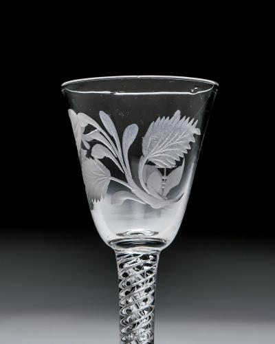 A JACOBITE ENGRAVED AIR TWIST WINE GLASS