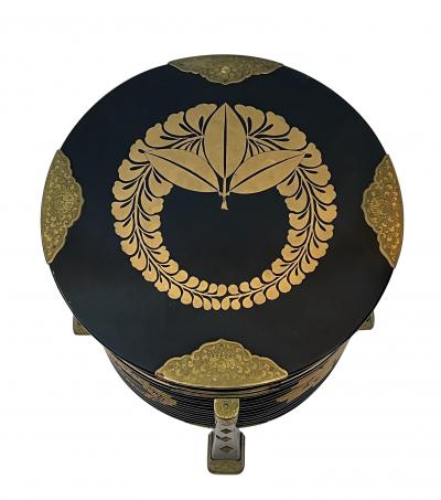 A Japanese Meiji Period Black Lacquer Hokai Lidded Box with Brass Mounts