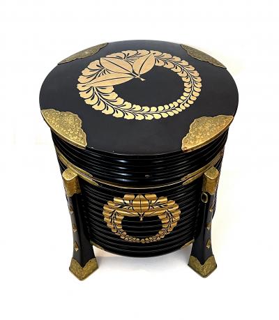 A Japanese Meiji Period Black Lacquer Hokai Lidded Box with Brass Mounts