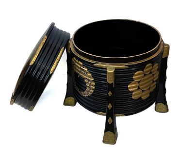 A Japanese Meiji Period Black Lacquer Hokai Lidded Box with Brass Mounts
