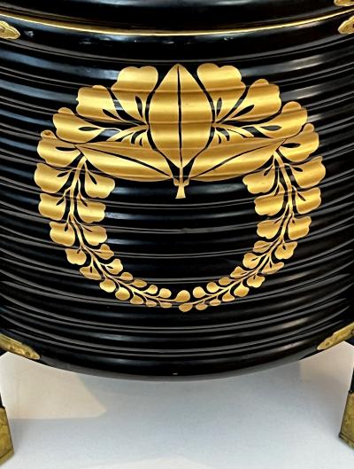 A Japanese Meiji Period Black Lacquer Hokai Lidded Box with Brass Mounts