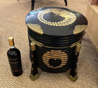 A Japanese Meiji Period Black Lacquer Hokai Lidded Box with Brass Mounts