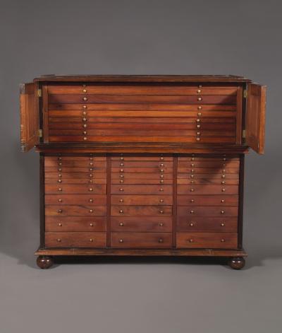 A LARGE FINELY FIGURED ROSEWOOD COLLECTOR S CABINET OF UNUSUAL FORM
