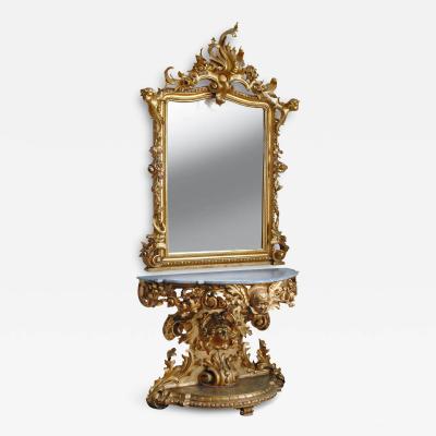 A LARGE ITALIAN ROCOCO STYLE CARVED GILT WOOD MARBLE MIRROR AND CONSOLE