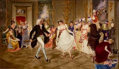 A LARGE RECTANGULAR KPM PORCELAIN PLAQUE TITLE THE DANCE LESSON