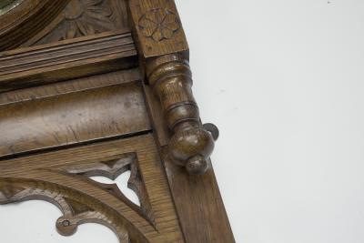 A Large Gothic Revival Carved Oak Barometer with a Rare Snail Tail Thermometer