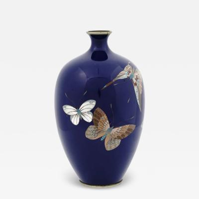 A Large High Quality Antique Meiji Japanese Cloisonne Enamel Butterflies Vase