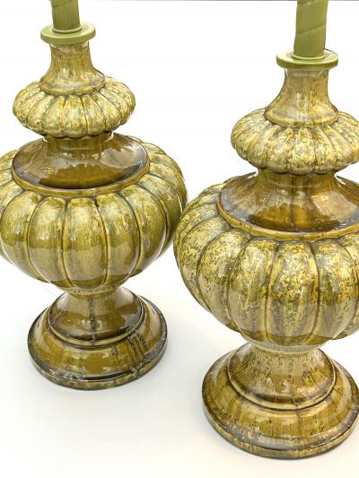 A Large Pair of 1960s Baluster form Lobed Chartreuse Drip Glazed Lamps