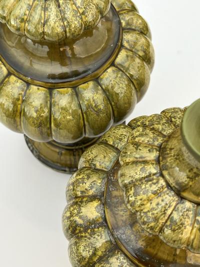 A Large Pair of 1960s Baluster form Lobed Chartreuse Drip Glazed Lamps