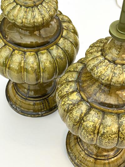 A Large Pair of 1960s Baluster form Lobed Chartreuse Drip Glazed Lamps