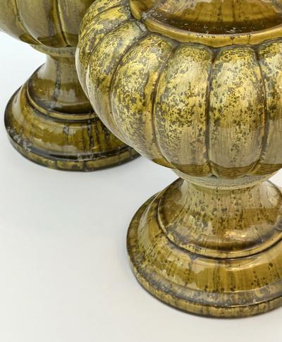 A Large Pair of 1960s Baluster form Lobed Chartreuse Drip Glazed Lamps