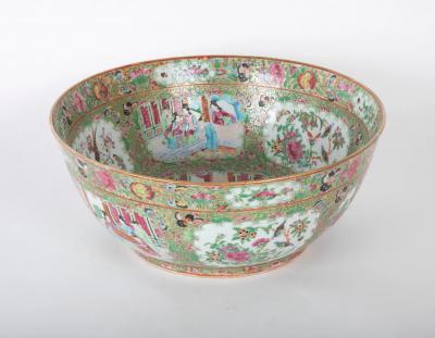 A Large Rose Medallion Punch Bowl with Rare Painted Panels