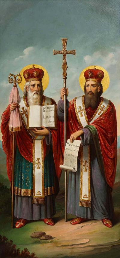 A Large Russian Oil on Canvas Painting of Two Bishops