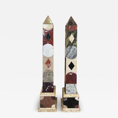 A Large Vintage Pair of Grand Tour Style Marble Inlaid Obelisks 1970