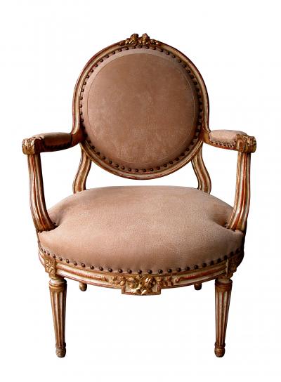 A Large scaled French Louis XVI Style Ivory Painted and Parcel Gilt Armchair