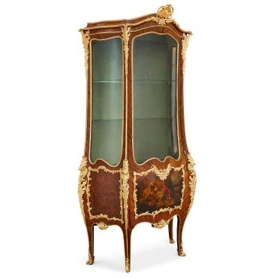 A Louis XV style gilt bronze mounted Vernis Martin and parquetry vitrine