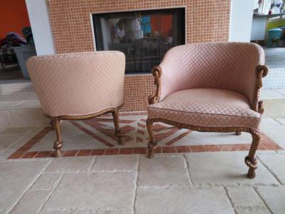 A M E Fournier Lovely Pair of Napoleon III Style Gilded Rope Tassel Chairs Hollywood Regency