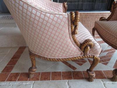 A M E Fournier Lovely Pair of Napoleon III Style Gilded Rope Tassel Chairs Hollywood Regency