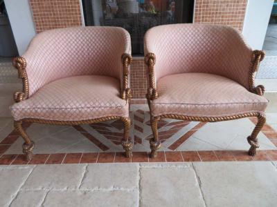 A M E Fournier Lovely Pair of Napoleon III Style Gilded Rope Tassel Chairs Hollywood Regency
