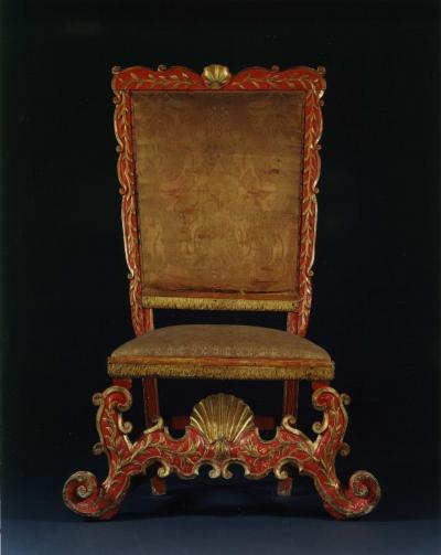 A MAGNIFICENT AND MASSIVE PAIR OF RED LACQUER AND GILTWOOD SIDE CHAIRS